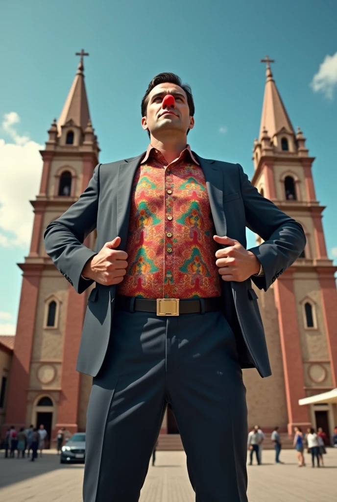 A person standing in a superman position with a suit and opening his jacket and shirt showing a colorful polo shirt between the buttons when he takes off the suit but with a clown nose, Superman style, happy in realism that is in an American style flat screen, movie style with the background of the church in the Plaza de Armas of Cajamarca, Peru but in the style of a Hollywood movie poster.