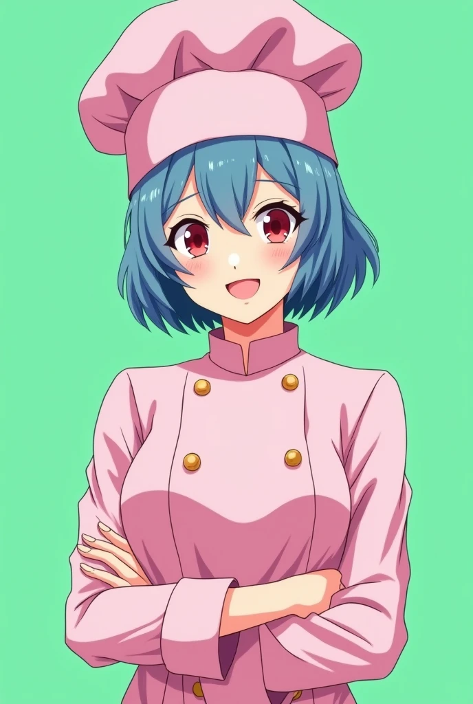 Female chef between 18 and 1, with a pink long-sleeved uniform and a chef's hat of the same color, 2D anime style with pastel colors, short blue hair, Red eyes ,with a happy and sensual expression, on a completely green and flat background