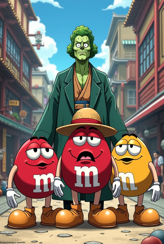 Anime: One Peice, Three Red M&M Men with big floppy potato shoes and red tie, and a Broccoli Man, and KOZUKI Oden who is scared, Giant floppy potato shoes 