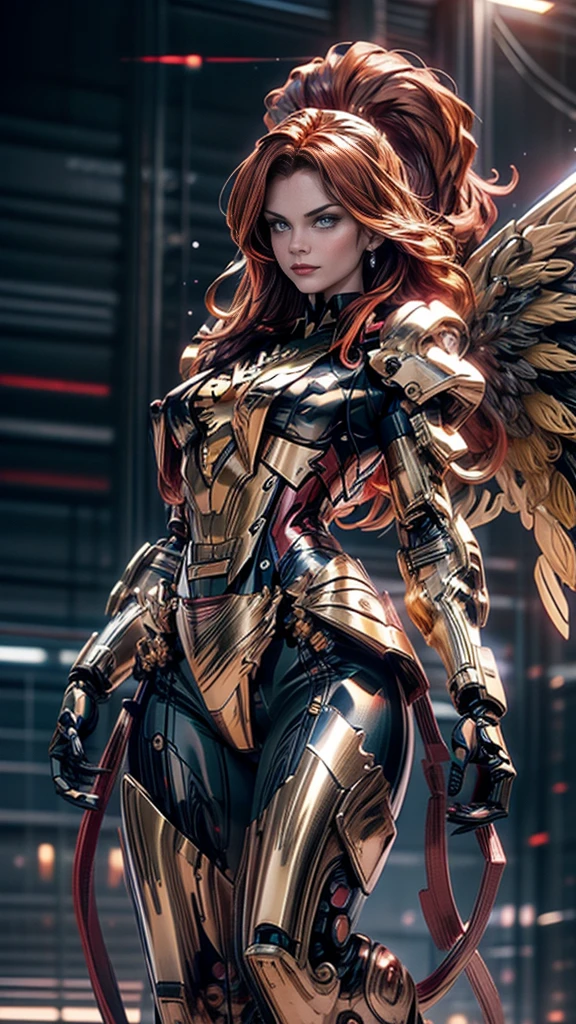 A beautiful detailed portrait of Jean Grey from X-men as a Gundam mecha, extremely detailed eyes and face, long eyelashes, intricate mecha design, wings, futuristic tech, seamless integration of organic and mechanical elements, cinematic lighting, dynamic fighting poses, (wide angle:1.27), (full length portrait:1.37), vibrant colors, 8k, photorealistic, concept art style, sharp focus, clean lines