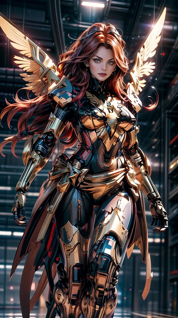 A beautiful detailed portrait of Jean Grey from X-men as a Gundam mecha, extremely detailed eyes and face, long eyelashes, intricate mecha design, wings, futuristic tech, seamless integration of organic and mechanical elements, cinematic lighting, dynamic fighting poses, (wide angle:1.27), (full length portrait:1.37), vibrant colors, 8k, photorealistic, concept art style, sharp focus, clean lines