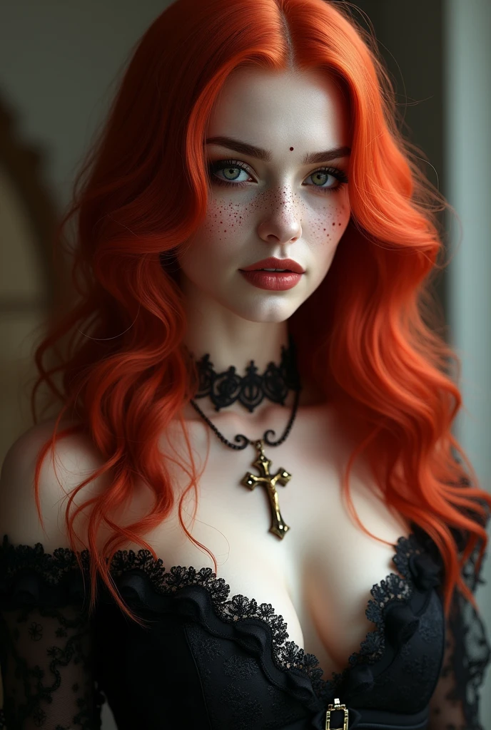 An incredibly beautiful toreador vampire, her hair is extremely red and her skin is white and delicate, she also has a lot of freckles, She is a powerful 6th generation vampire, She is Catholic and always wears her beautiful crucifix and heart necklace which is a gift from her beloved., she likes jewelry and high heels