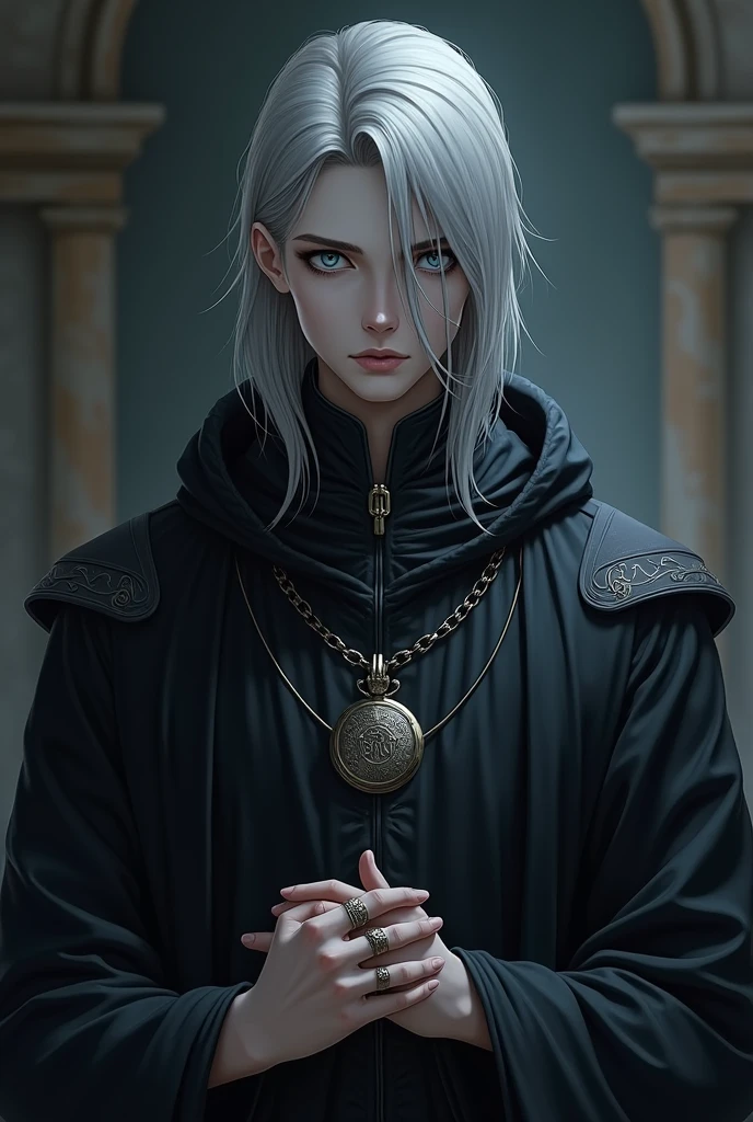 Skin Tone: Pale, with the complexion of someone who spends much time indoors or in the cold.
Hair: Shoulder-length gray hair, often tied back, with streaks of white.
Eyes: Deep blue, with a somber, reflective gaze.
Body: Lean and tall, with a strong, but not overly muscular build.
Clothing: Dark robes with silver accents, symbolizing the balance between life and death. Occasionally wears a hood that partially obscures his face.
Accessories: A ring inscribed with the symbol of Arkay, and an amulet of Arkay prominently displayed over his chest.