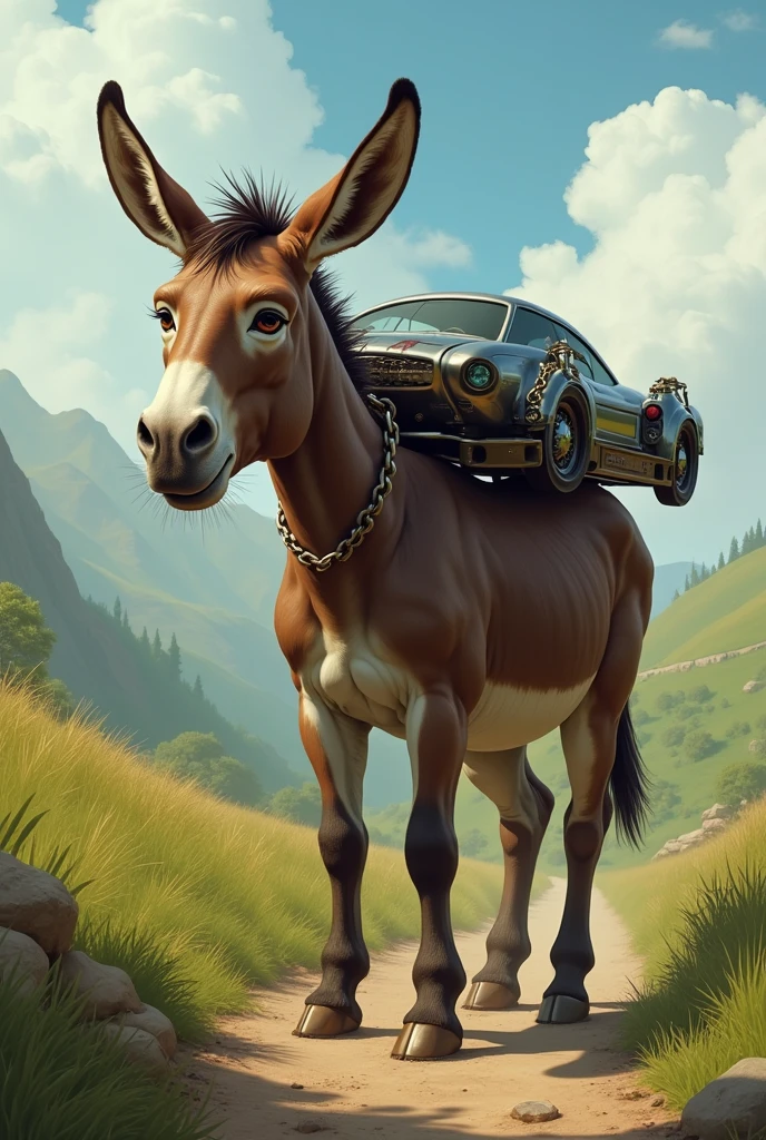 Donkey with a car-like board on the back of its head 

