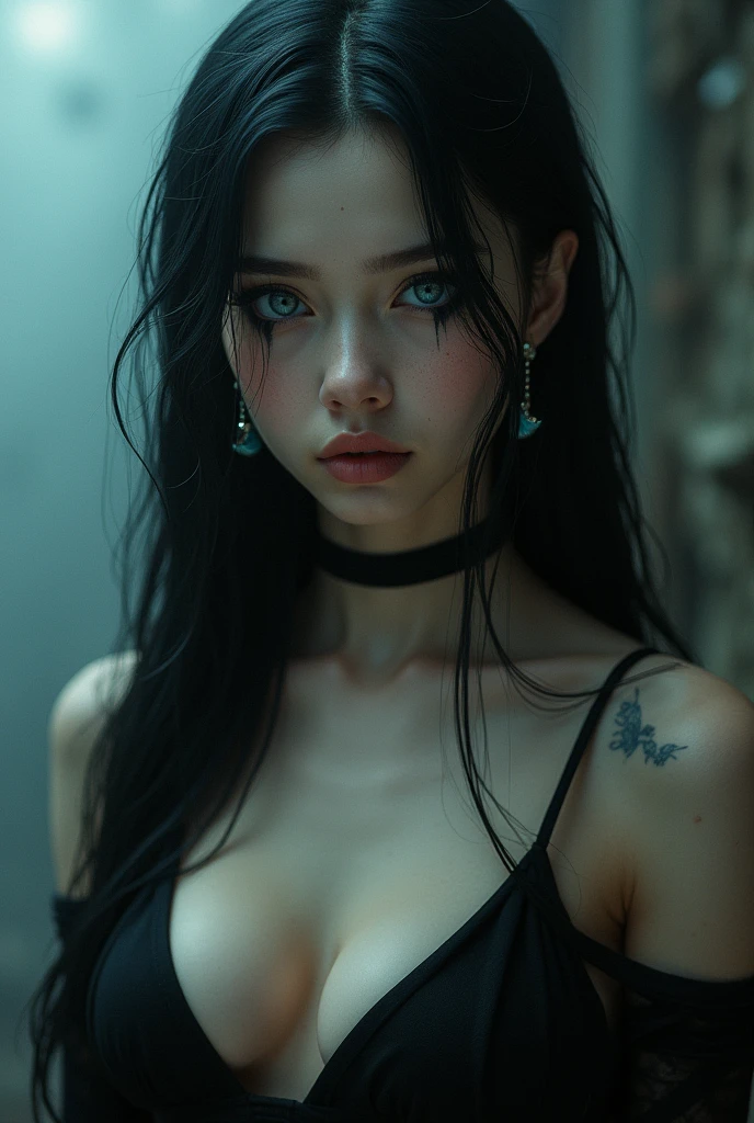 Woman, adolescent, blue colored eyes, Bblack hair, very long hair, best qualityer, pale white skin.high resolution, slickedback hair, breastsout, Half moon earrings, cloused mouth, eyes open, eye white, flickering eyes, apocalypto, Surrealism, 真实感, ear, human, very long hair, Western dark makeup, black eye marking