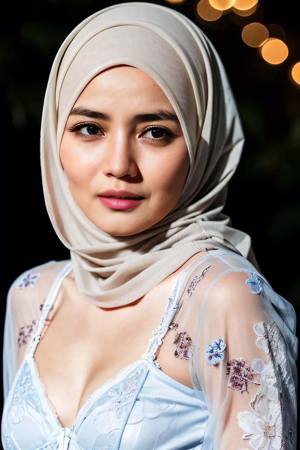 ((Lingerie)), (((((HALF BODY PORTRAIT))))), ((FLAT CHEST:1.6)), ((Lace)), ((CYNIC FACE EXPRESSION:1.44)), masutepiece, High quality, UHD 32K, Realistic face, Realistic skin feeling , A Japanese Lady, 5 d lady, , Very cute and baby-like face, (((FLAT CHEST))), (Night time at forest), ((look In front  at the camera and SADNESS)), (((CUTE GIRL))), ((WHITE FLUORESCENT LIPS)), ((Floral Pattern)) little wearing lingerie, dark night background , black forest night, horror scary place, (from behind up), ((((HIJAB STYLISH)))