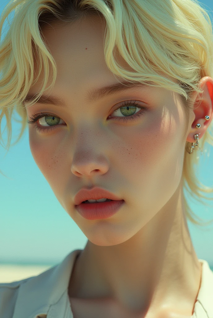 Draw an Asian man with white skin, green eyes, and blonde hair with pierced ears.