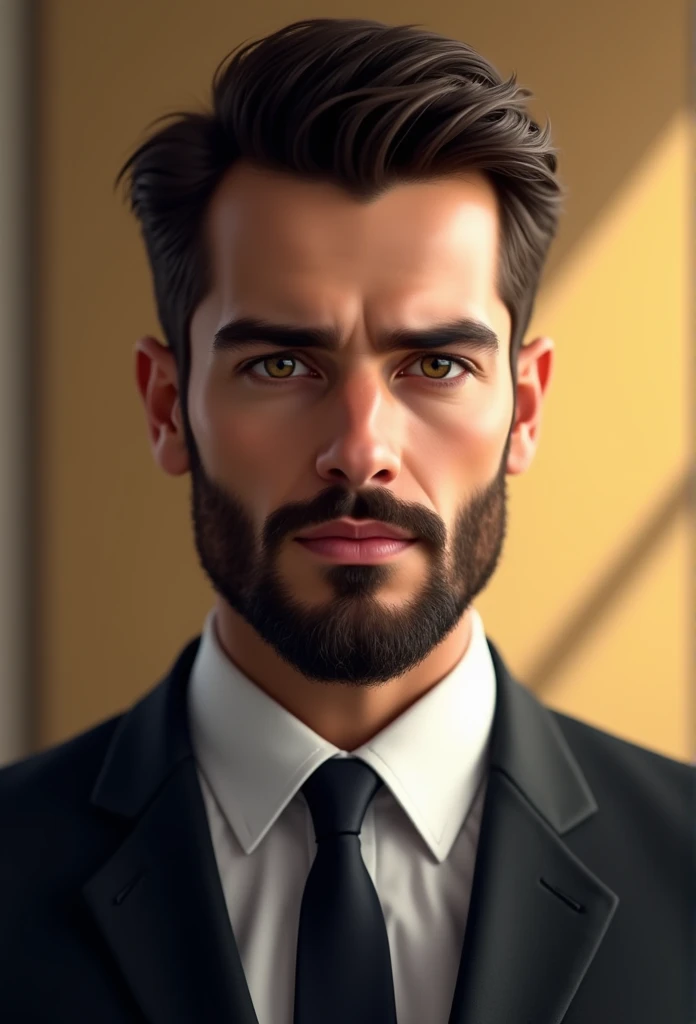 best qualityer,ultra detali,realisitic:1.37,handsome man,beautiful face,detailedeyes,strong chin,unshaven beard,charming smile,stylish suit,Stylish hair,shaven,confident stance,gentleman,captivating stare,Well prepared,proffesional,template appearance,bright coloured,studio lighting,warm color tone,average:portraite