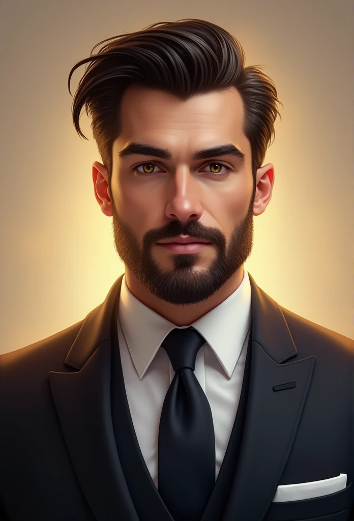 best qualityer,ultra detali,realisitic:1.37,handsome man,beautiful  face,detailedeyes,strong chin,unshaven beard,charming smile,stylish suit,Stylish hair,shaven,confident stance,gentleman,captivating stare,Well prepared,proffesional,template appearance,bright coloured,studio lighting,warm color tone,average:portraite