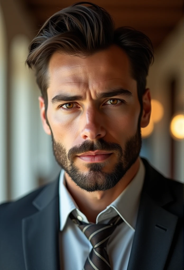 best qualityer,ultra detali,realisitic:1.37,handsome man,beautiful face,detailedeyes,strong chin,unshaven beard,charming smile,stylish suit,Stylish hair,shaven,confident stance,gentleman,captivating stare,Well prepared,proffesional,template appearance,bright coloured,studio lighting,warm color tone,average:portraite