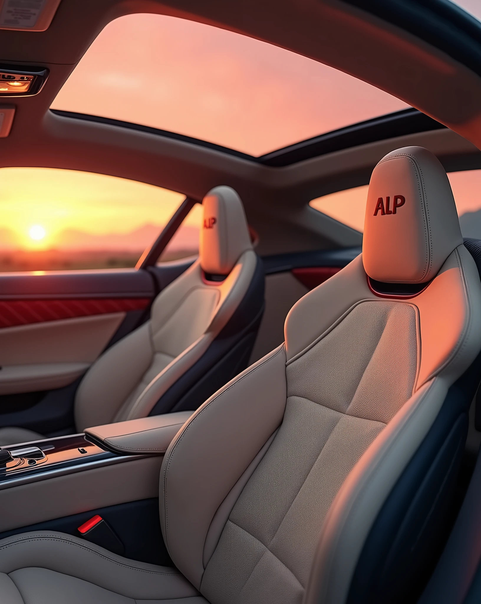 Camera view at 3/4 angle (45 degrees). Highlights include the panoramic sunroof, interior design and sports seats in beige synthetic leather with the initials “ALP” written in carmine red embroidery on the headrest. | Natural light with a magnificent pink-orange sunset in the outdoor environment. Infinity"