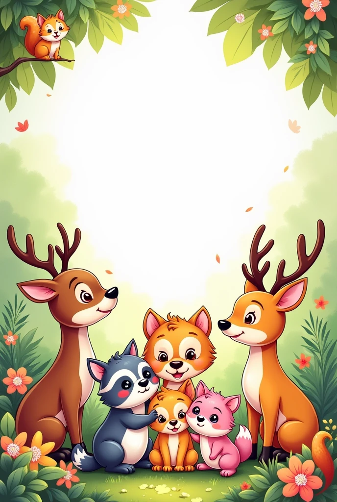 A cover for a coloring book , with several cute animals to paint, that are in harmony , add an average of 10 animals,