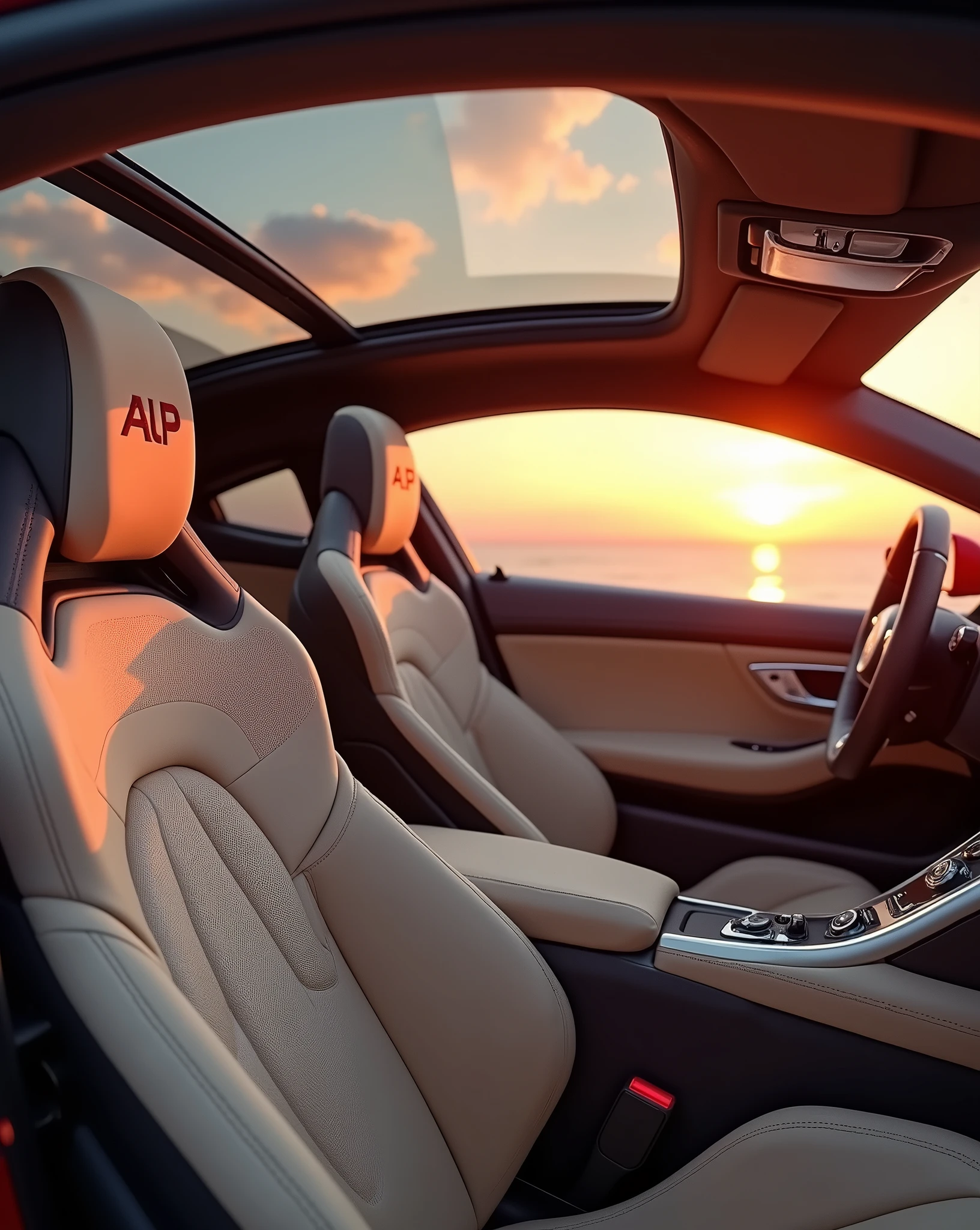 Camera view at 3/4 angle (45 degrees). Highlights include the panoramic sunroof, interior design and sports seats in beige synthetic leather with the initials “ALP” written in carmine red embroidery on the headrest. | Natural light with a magnificent pink-orange sunset in the outdoor environment.  Infinity"   