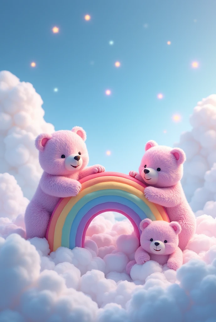 "Three very cute bears—lilac and pink—playing on a cute rainbow, atop beautiful blue clouds in a sky with twinkling stars, in ultra-realistic 4K 