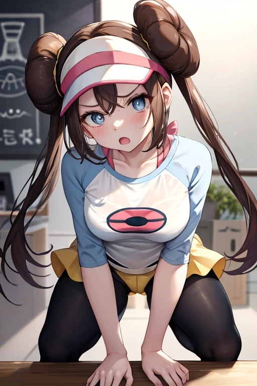 nsfw, nsfw, nsfw, angry, see throw under wear, masterpiece, highest quality, High resolution, RO1, Hair Bun, blue eyes, Twin tails, Visor Cap, pantyhose, Raglan sleeves, Yellow shorts, shirt, Pink ribbon, clock, Leaning forward, Gym, squat, 30 denier soft touch comfortable tights, See-through, squat, Leg spread, Thighs, Attractive thighs,