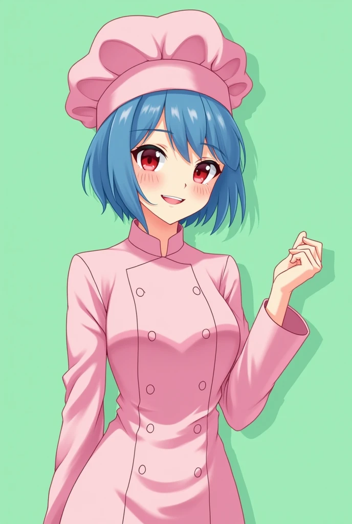 Female chef between 18 and 1, with a pink long-sleeved uniform and a chef&#39;s hat of the same color, 2D anime style with pastel colors, short blue hair, Red eyes ,with a happy and sensual expression, on a completely green and flat background