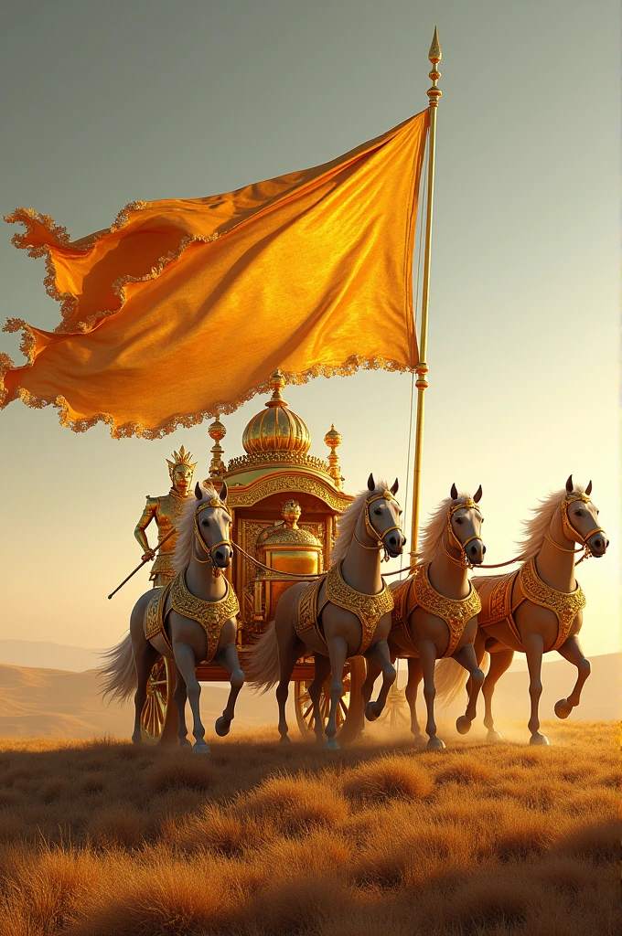 A huge golden chariot with a golden red coloured flag being pulled by five powerful horses