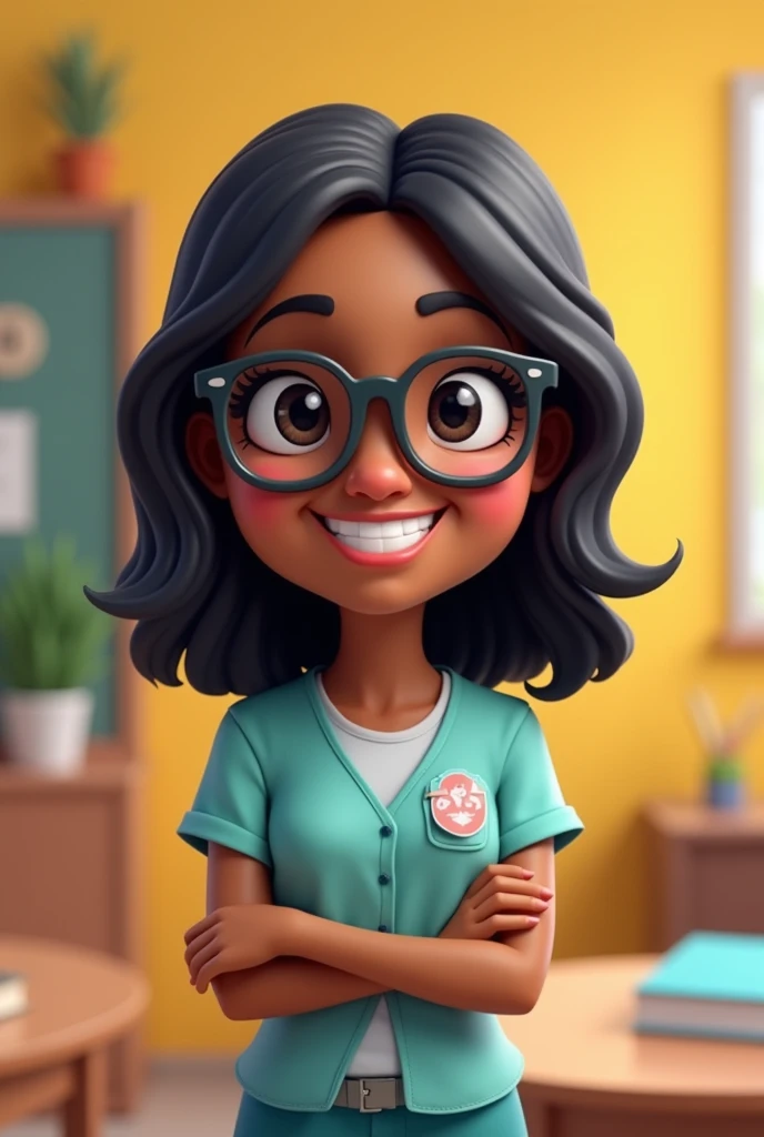 create a cheerful teacher avatar bitmoji style, brown teacher, straight black shoulder length hair.  Dark eyes and prescription glasses.