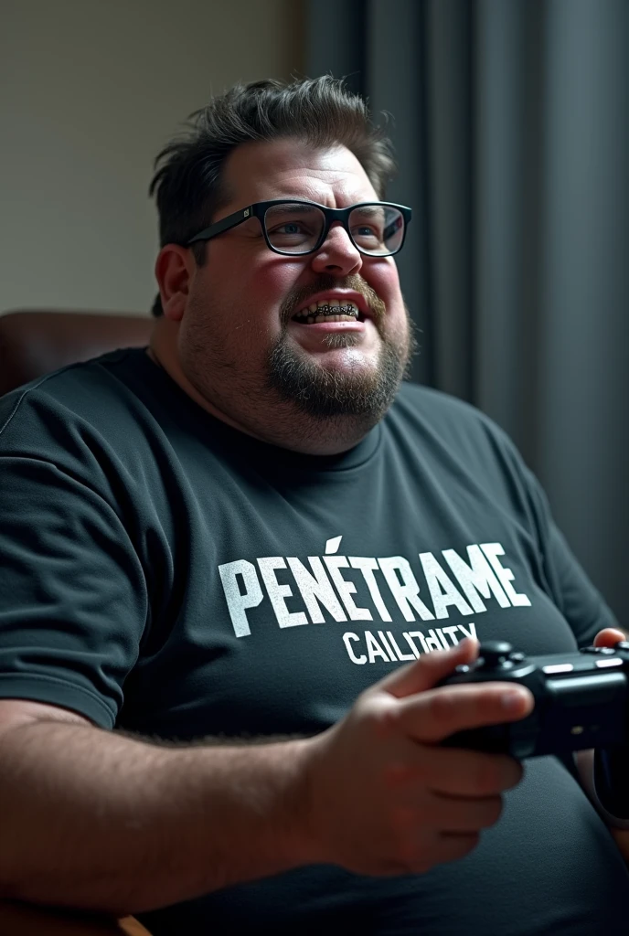 Create an image of a fat, dark-skinned, somewhat annoying, nerdy man with braces playing video games with a t-shirt that says "penétrame call of duty"
