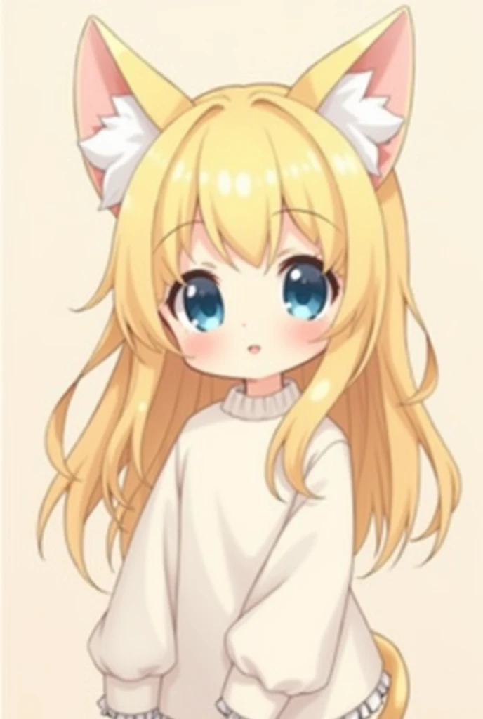 Make a female Chibi character with long blonde hair blue eyes white cat ears with a slight smile Chibi anime