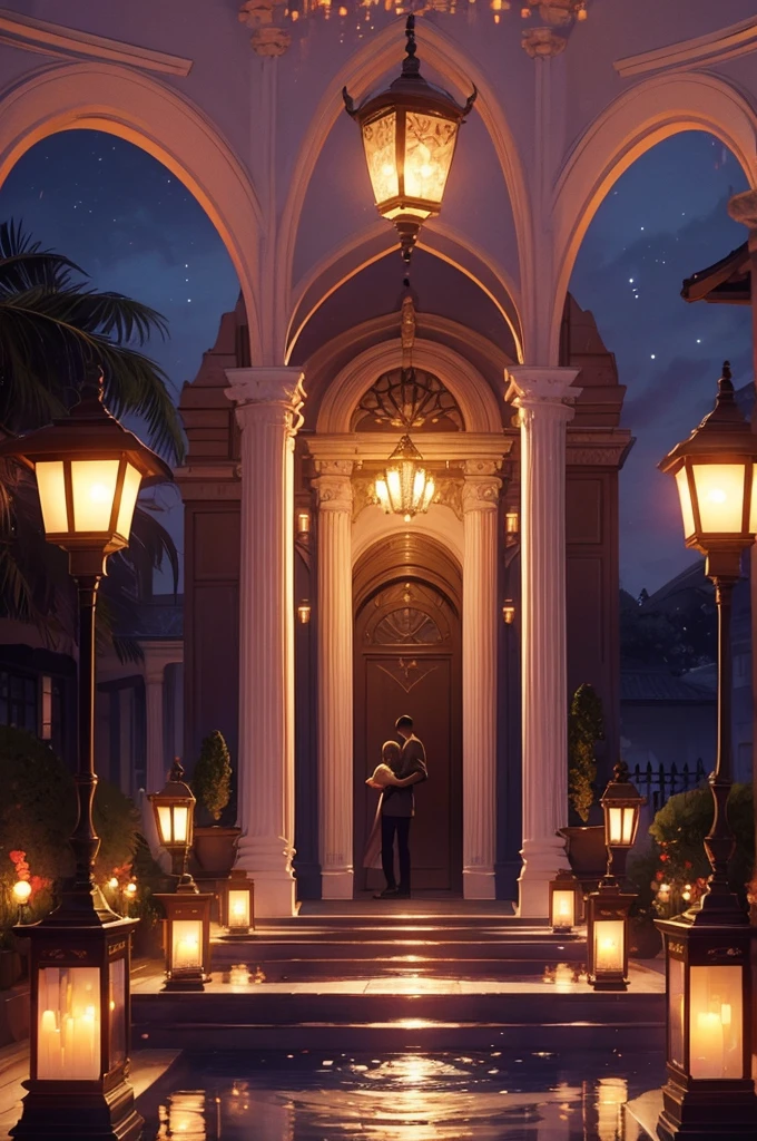 a luxurious romantic hotel at night, ornate architecture, glowing lanterns, soft lighting, rose petals on the ground, candles, elegant fountain, moonlit sky, detailed romantic atmosphere, , dramatic shadows, 8k, photorealistic, masterpiece