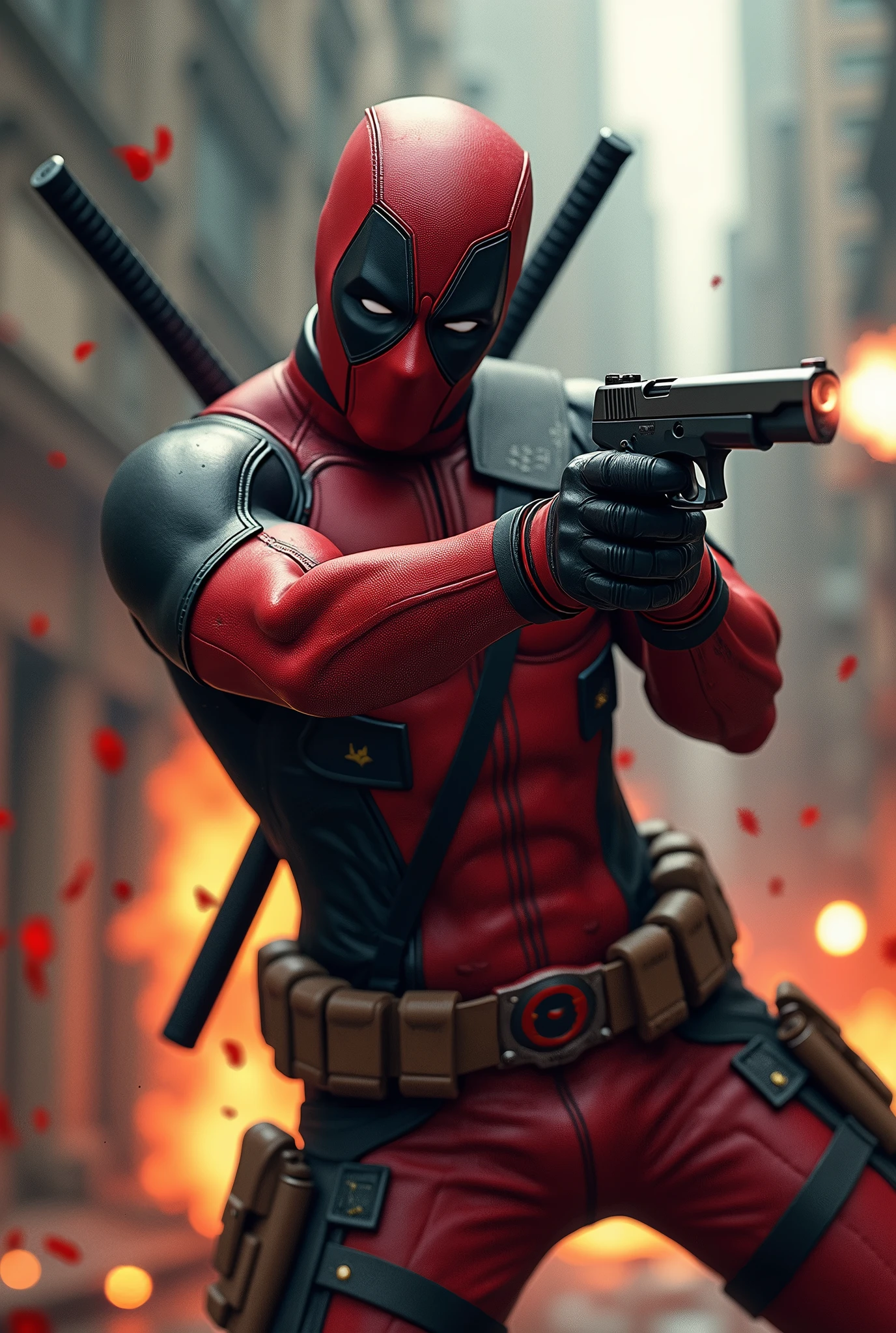 masterpiece, Highest quality, The best vantage point, Super detailed and intricate, Very delicate and beautiful, Highest quality light, (Ray Tracing:1.1),dead pool、Handguns in both hands、Bloody、During fierce fighting、Knock down the enemy