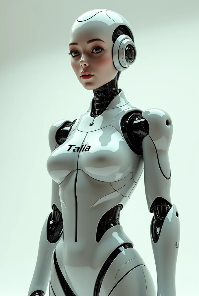 A robot woman with the word Talia written on her chest, Full body picture , Full body,As real as in real life
