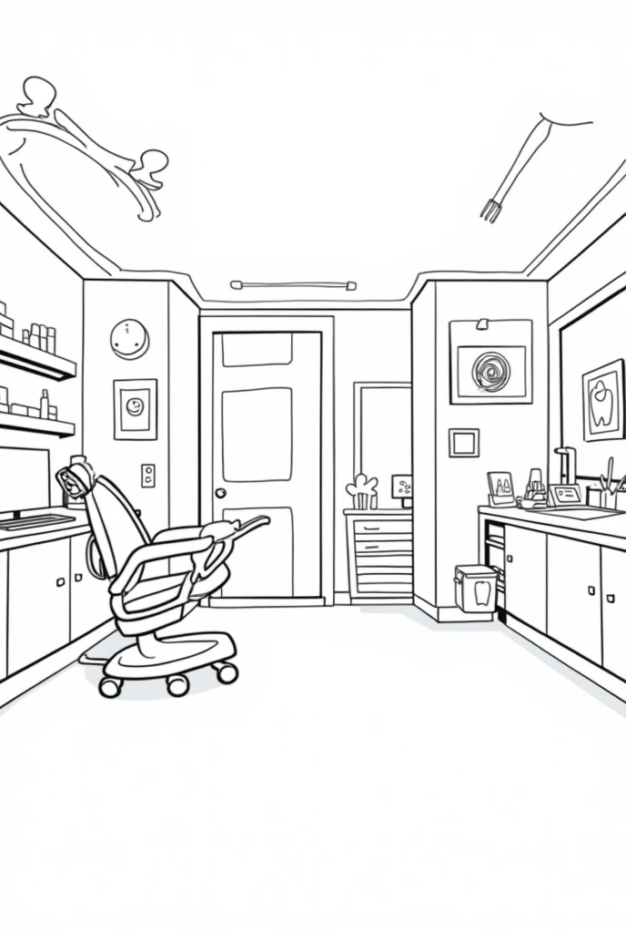 Create a line art illustration of a cartoon style dental office interior  , the image must be in line art ,black and white outline ,style for coloring book