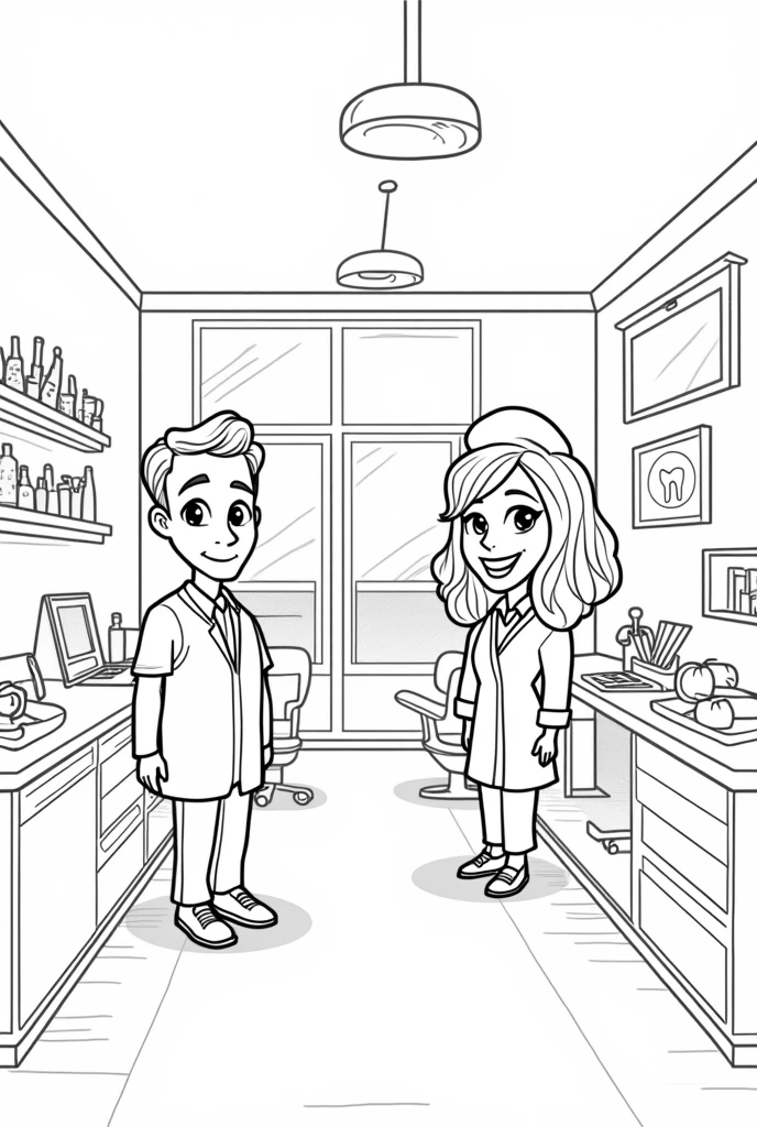 Create a line art illustration of a cartoon style dental office interior , the image must be in line art ,black and white outline ,style for coloring book