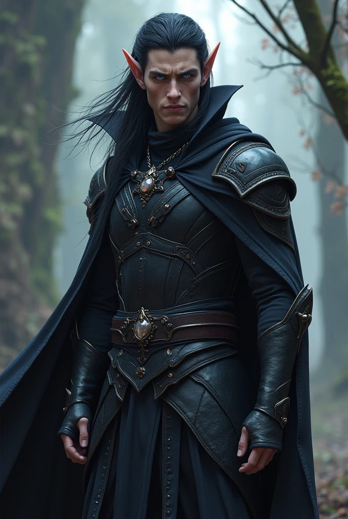 (photorealism:1.2), Male white with black hair muscular slim male tall elven ear glowing royal purple eyes and fantasy black leather armor and fantasy clothes