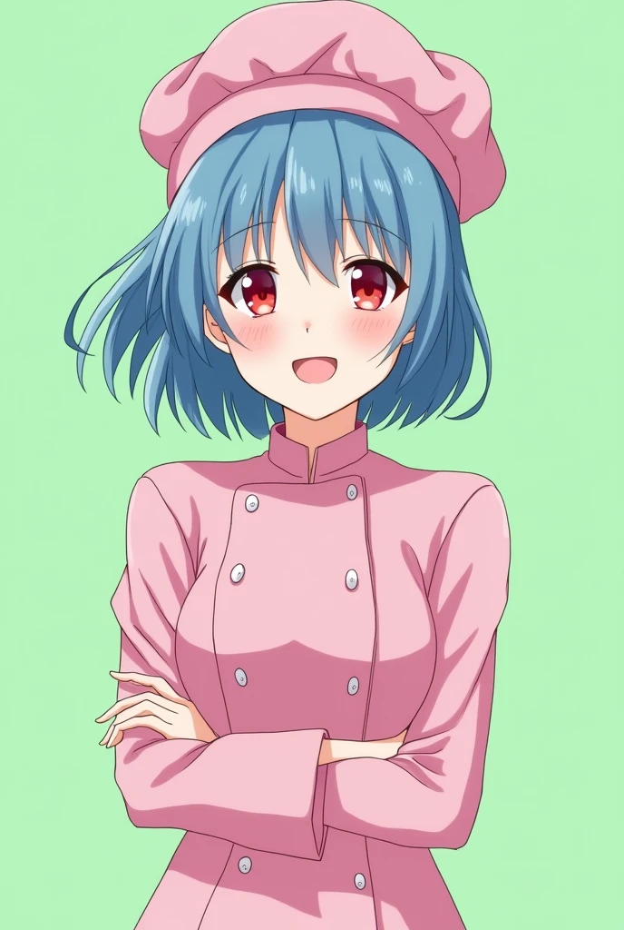 Female chef between 18 and 1, with a pink long-sleeved uniform and a chef's hat of the same color, 2D anime style with pastel colors, short blue hair, Red eyes ,with a happy and sensual expression, on a completely green and flat background
