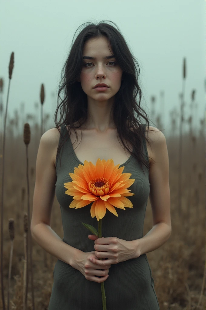 A  naked woman tied up with dandelion and flowers, beautifully symmetrical, soft diffusion, silks, inspired by Nagasawa Rosetsu, photographed in full frame, supple look, vermilion, dominant, wrapped, stellation, devoted, unframed, subsurface.
