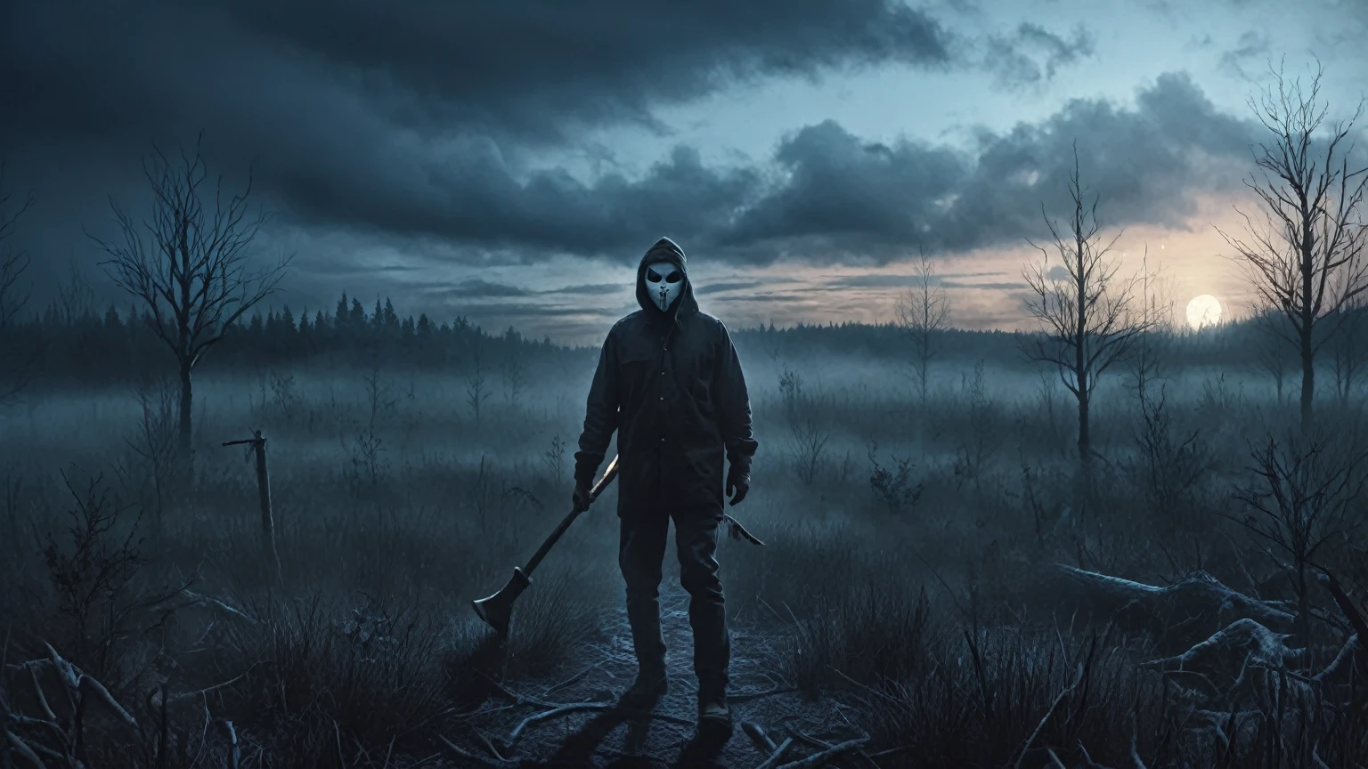 True crime fiction, frightening stories, Serial killer with axe, wearing a white macabre mask(ominous vibes), obscured by sinister woods, moody and atmospheric art, disturbing art, truly terrifying, cerebral horror, grim saga, darkly surreal art by simon Stålenhag, Denis sarazhin, ominous sky, Alex colville, Simon Goinard, Wayne Barlowe, Richard Powers, Chris Foss, unnerving, misty, suspenseful and gripping art