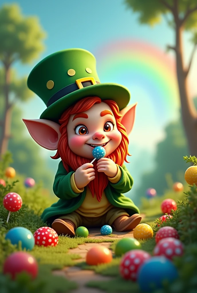 A leprechaun eating colored lollipops