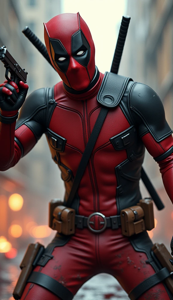 masterpiece, Highest quality, The best vantage point, Super detailed and intricate, Very delicate and beautiful, Highest quality light, (Ray Tracing:1.1),dead pool、Handguns in both hands、Bloody、During fierce fighting、Knock down the enemy