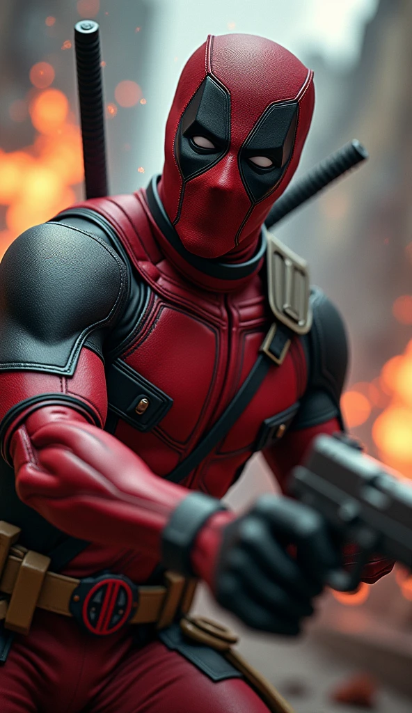 masterpiece, Highest quality, The best vantage point, Super detailed and intricate, Very delicate and beautiful, Highest quality light, (Ray Tracing:1.1),dead pool、Handguns in both hands、Bloody、During fierce fighting、Knock down the enemy