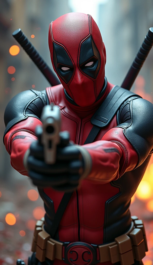 masterpiece, Highest quality, The best vantage point, Super detailed and intricate, Very delicate and beautiful, Highest quality light, (Ray Tracing:1.1),dead pool、Handguns in both hands、Bloody、During fierce fighting、Knock down the enemy