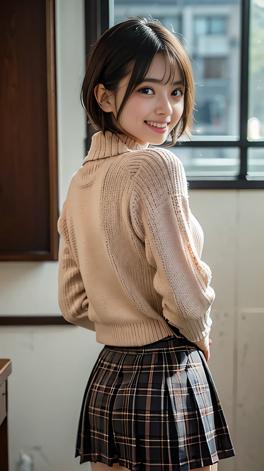 (8KHigh resolution), (Highest quality), (RAW Image Quality),(Tabletop:1.2), (Realistic), (Realistic:1.37), Long eyelashes,Exquisite（Live-action Realistic style）,((Cowboy Shot:1.4))、((Shooting from behind:1.5))、The ultimate face,Realistic light and shadow,Distinctive facial features,Milky skin,,((Women with short cut hair:1.5))、((Accurate fingering:1.5))、Taking the best portrait,Close-range shooting,Very detailed, one person, cute,Beautiful and beautiful eyes, Beautiful and sophisticated nose, Very detailed肌,whole body ,(eye contact)、(Beautiful face with double eyelids),((whole body image)), (Realism: 1.4),High resolution, Great details, ultra High resolution, (Show your best smile to the audience), , Favorite Details, High condensation,Delicate and beautiful face,,,(Beautiful Face 1.4),thin, ((High-necked peach-colored long knit sweater:1.4))、((A brown checkered pleated skirt that accentuates your thighs:1.4)),((Do not slip the hem of the sweater inside the skirt、Long sleeve:1.2)),((Life:1.7)),Photo taken indoors,(This is a whole body shot.),The color of the sweater is random、((smile:1.5))、
