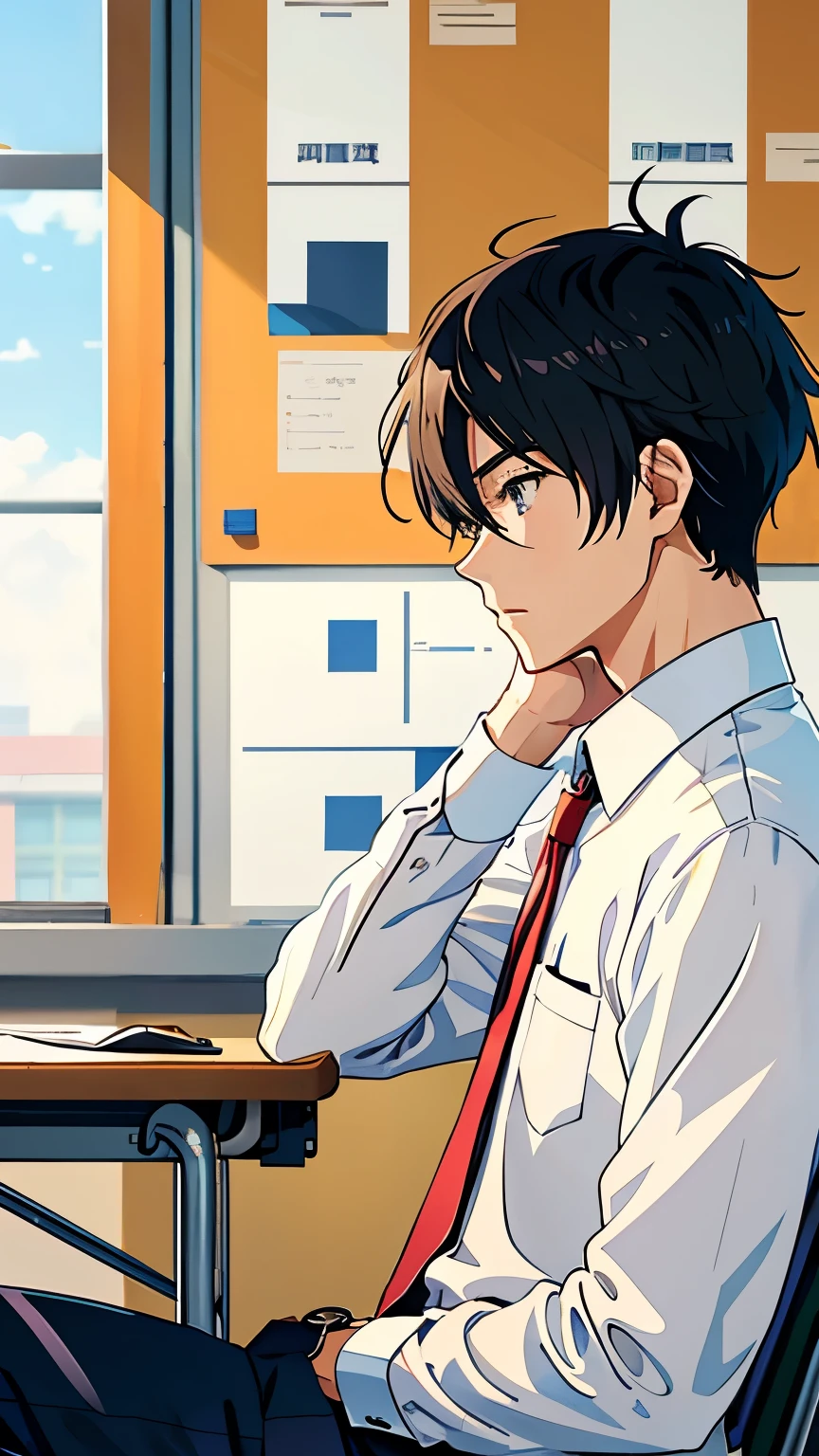 high quality, One high school boy, Anime characters sitting on chairs in classroom, Handsome anime pose, profile, He is resting his chin on his hand while leaning his upper body on the desk., A pensive and sad expression, Digital anime illustration, Anime art style, Anime Moe Art Style, uniform, Smooth anime CG art, Anime Style,