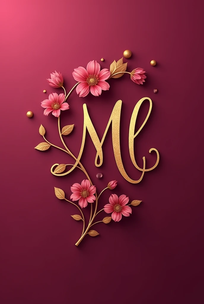 create a dark pink logo with the initials ML in gold , with delicate flowers in gold