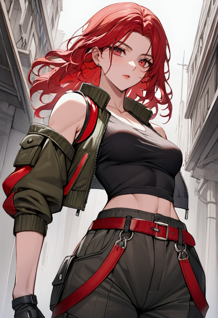 Young tall woman, short red hair, medium breast, athletic build,A sleeveless cropped black tank top ,cropped lightweight bomber jacket in dark gray with red accents,High-waisted dark cargo pants, red belt,Black leather fingerless gloves, malenia