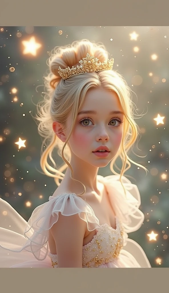 A girl with magical star-like aura, beautiful detailed eyes, beautiful detailed lips, extremely detailed face, long eyelashes, porcelain skin, delicate facial features, wearing a shimmering magical dress, surrounded by glowing stars, fantasy magical atmosphere, vibrant pastel colors, cinematic lighting, 8K, high resolution, photorealistic, masterpiece