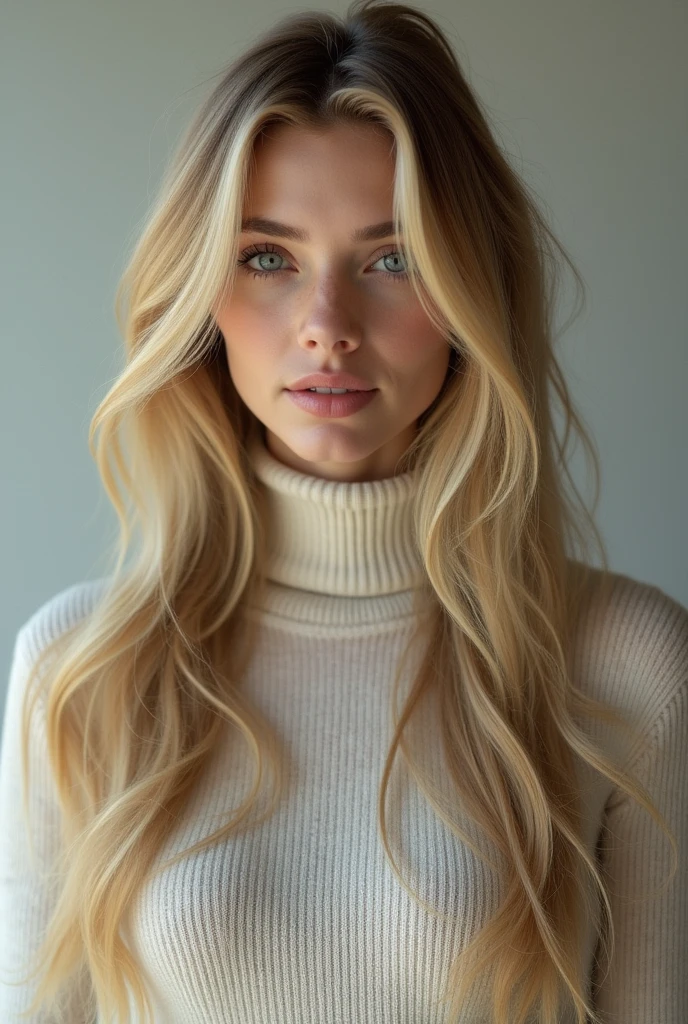 Girl 2 with long blonde hair, dressed in a turtleneck, beautiful blonde, Ava Max, perfect white-haired girl