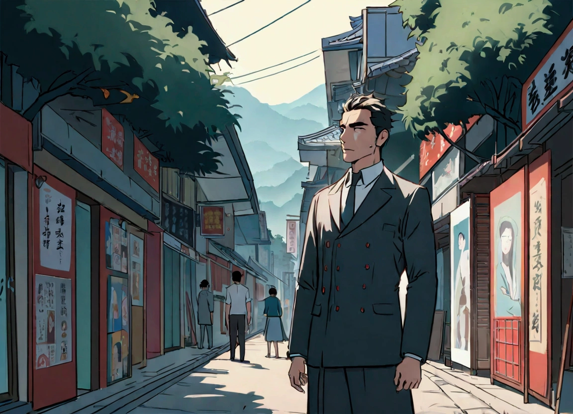 A man stands in front of a row of posters on the street, hong kong 1 9 5 4, Mark Ribb, author：Mauricie Gottlieb, bo xun ling, Covered with Chinese, Asato-Katiei-Pine Trees, by Wang Yi, Chiba Yudai, su fu, Movie, Wooden plates