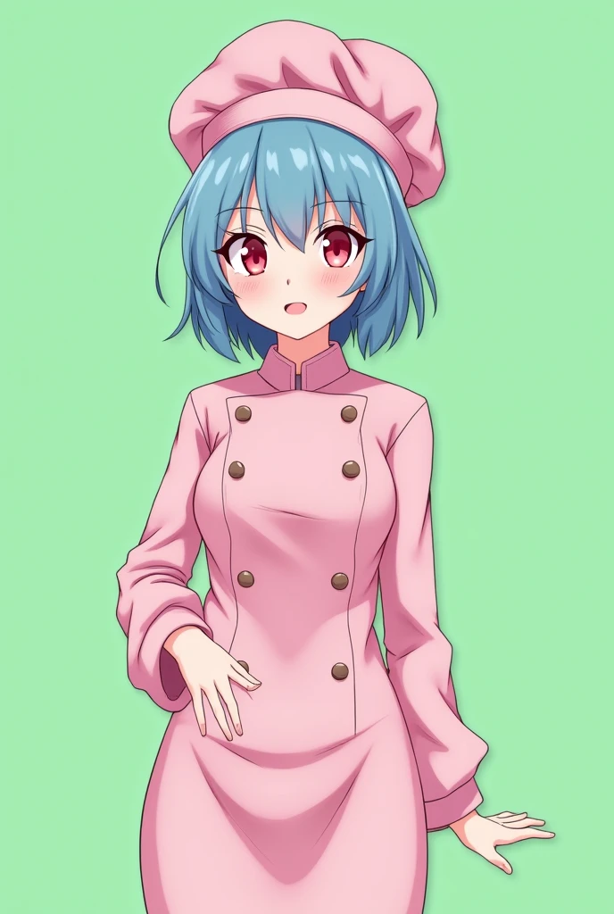 Female chef between 18 and 1, with a pink long-sleeved uniform and a chef's hat of the same color, 2D anime style with pastel colors, short blue hair, Red eyes ,with a happy and sensual expression, on a completely green and flat background