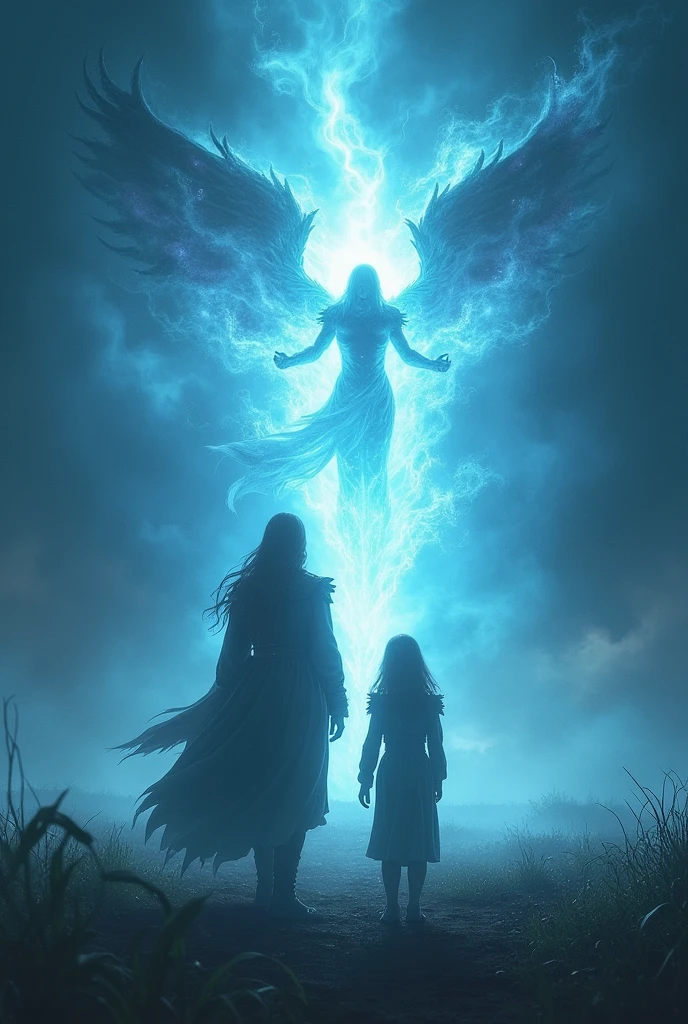 Suddenly, a bluish light cuts through the air, repelling the demon's sword. Mother and daughter look up, their faces illuminated by Freya's aura, that appears on the battlefield, shining with a heavenly light