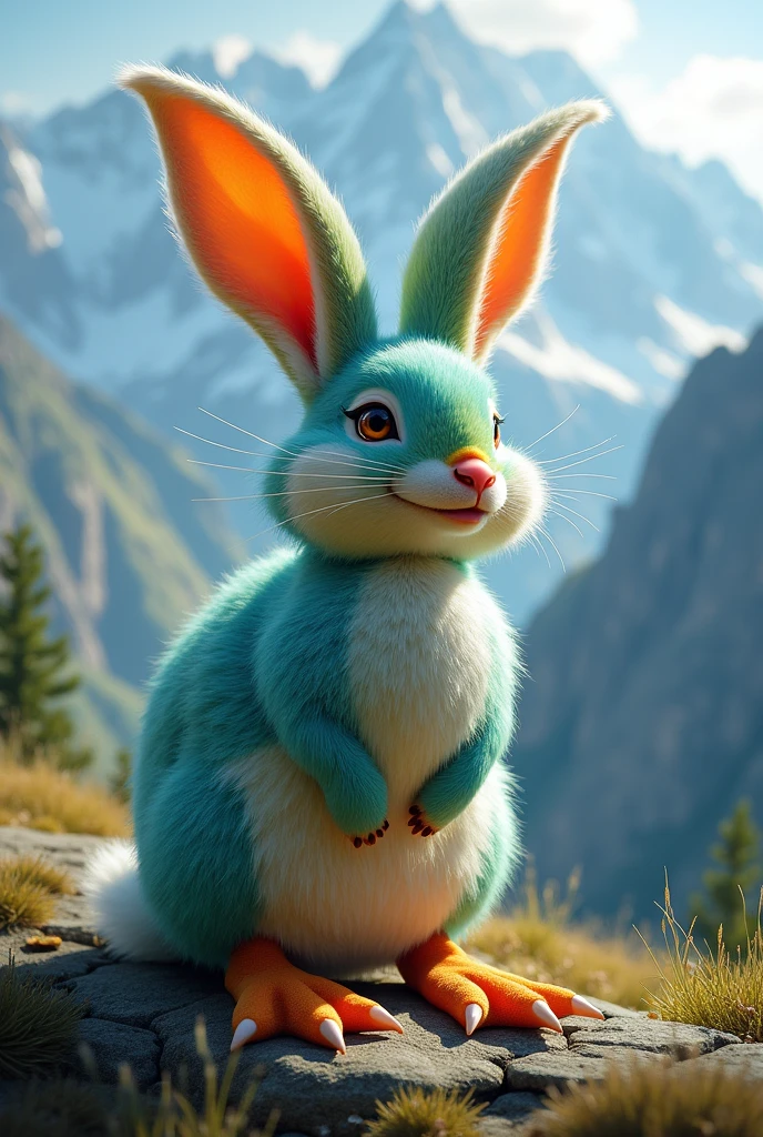 Wolpertinger made of duck + Hase + mouse + in bright colors , Background mountains, realistic representation, adorable, fluffy