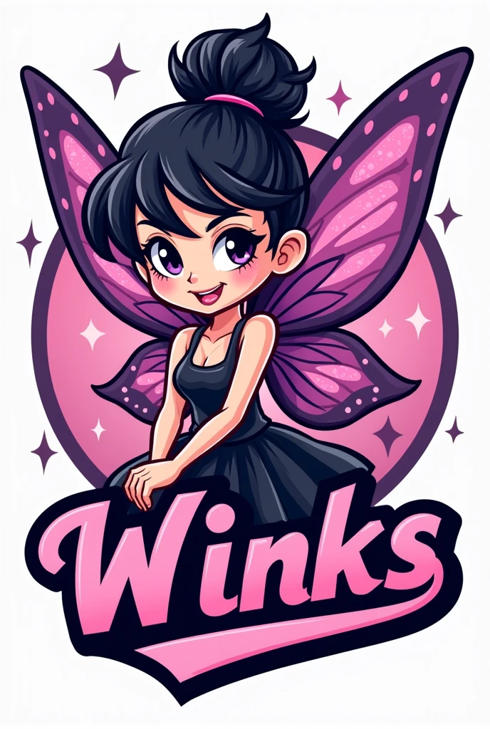 Team logo With a black pink and purple fairy The team name is winks The style is cartoon