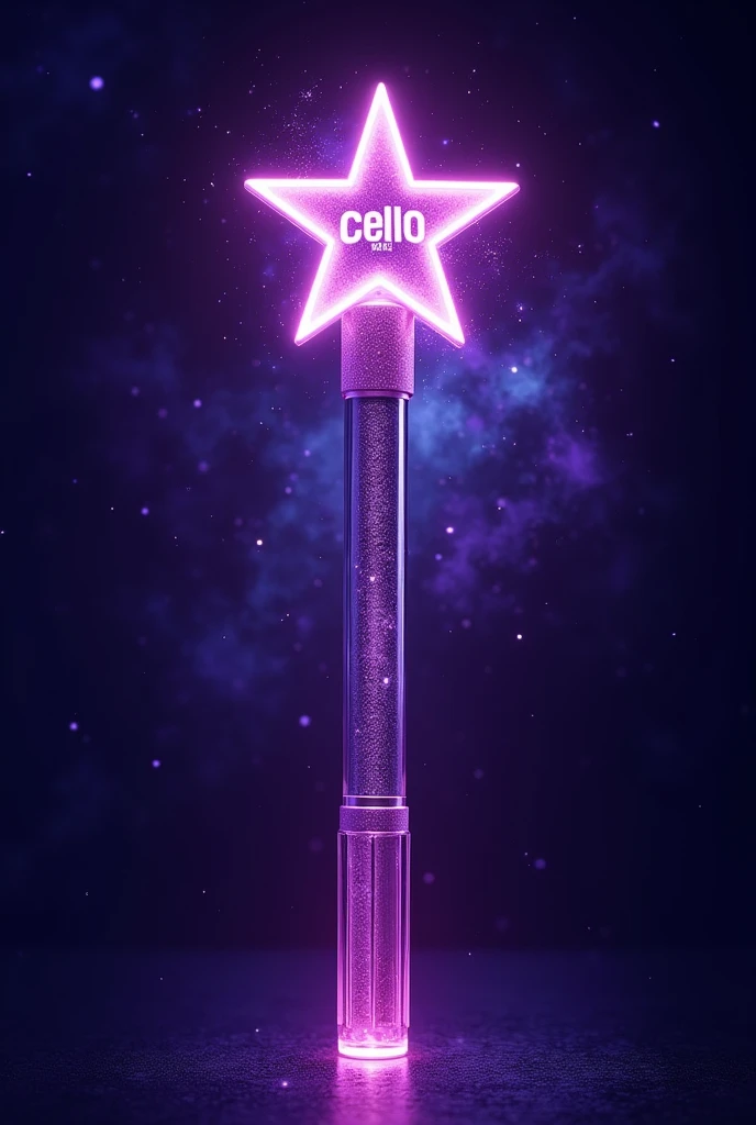 Lightstick with purple and silver colors, that has a galaxy, and the name of the Group is CELLO with a star shape and a modern and fresh style