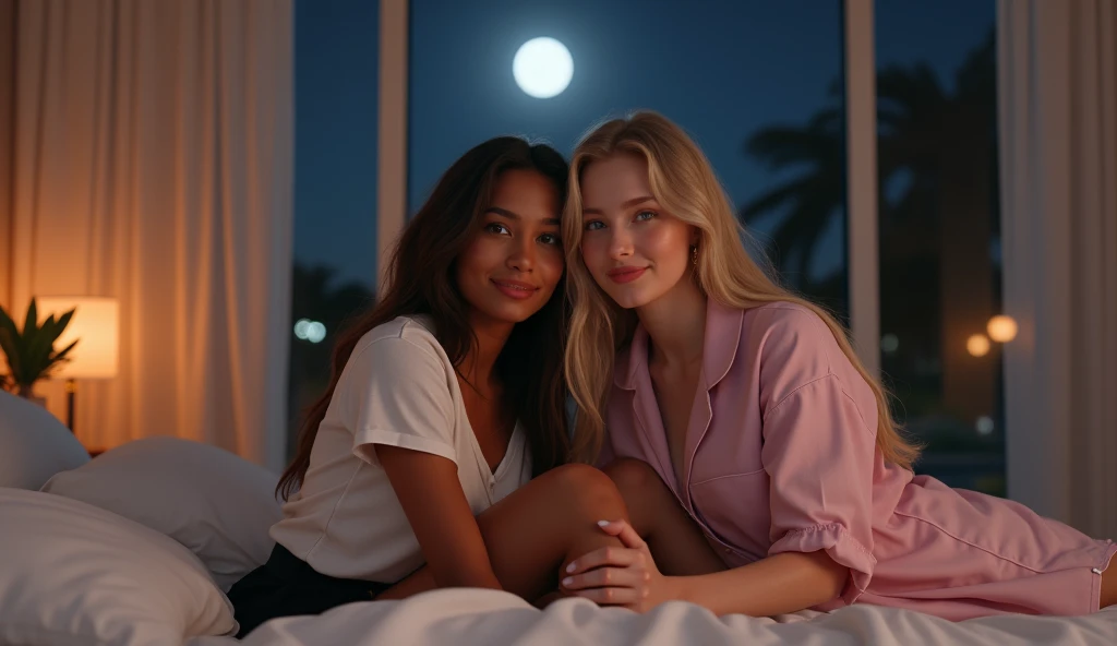 the best photo, the most realistic ,Clareza 4K, woman 1 latina, brown hair with shoulder length,18-years old ,White cotton shirt with black shorts, Delicate face, shoulder-length hair, ebony skin . woman 1 and woman 2 is smiling , they are in an all-female room, has a window with a view of the moon, it's night . American woman 2 , blonde hair with long length ,19yearsold ,pink pajamas, Delicate face, big hair , white skin